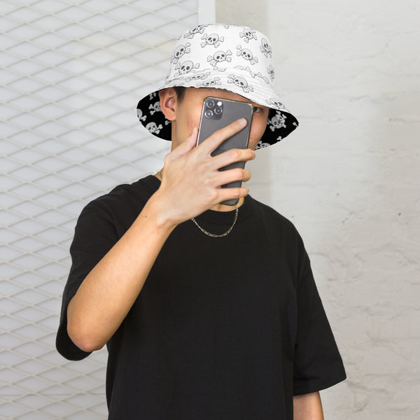 Skull and Crossbones Reversible Bucket Hat - Black and White All Over Print Hat - Gothic Festival Hat - Skull Pattern