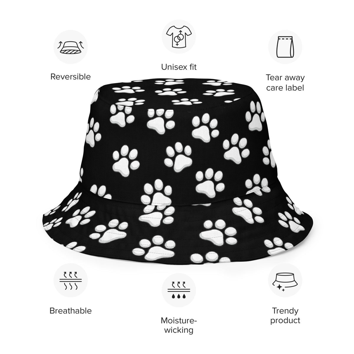 Reversible Paw Print Bucket Hat - Pet Lover Festival Headwear - All Over Print