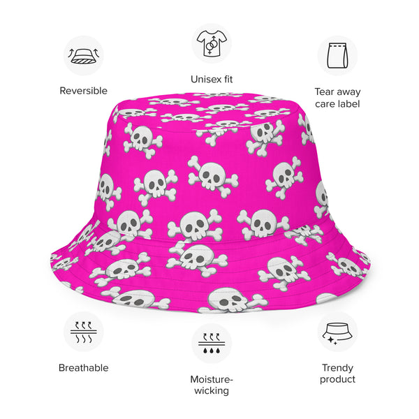 Reversible Pink Skull and Crossbones Bucket Hat - Punk Festival Headwear - All Over Print