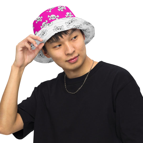 Reversible Pink Skull and Crossbones Bucket Hat - Punk Festival Headwear - All Over Print