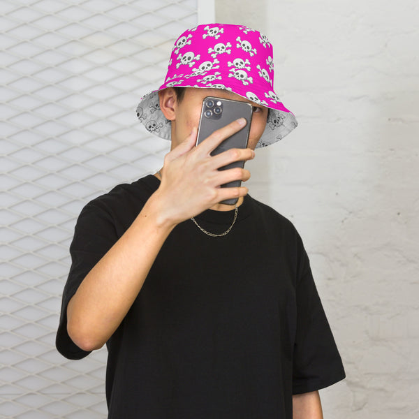 Reversible Pink Skull and Crossbones Bucket Hat - Punk Festival Headwear - All Over Print