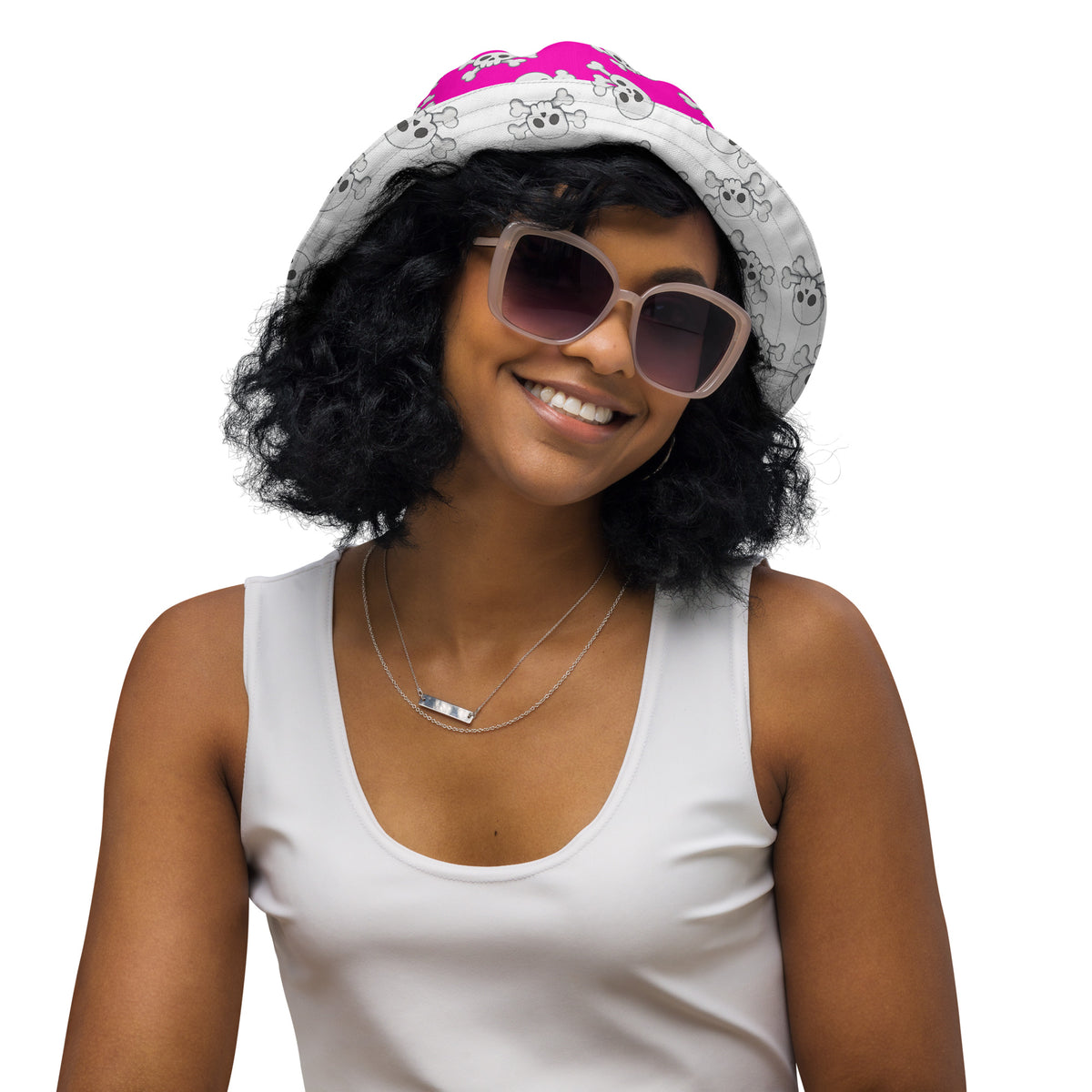 Reversible Pink Skull and Crossbones Bucket Hat - Punk Festival Headwear - All Over Print