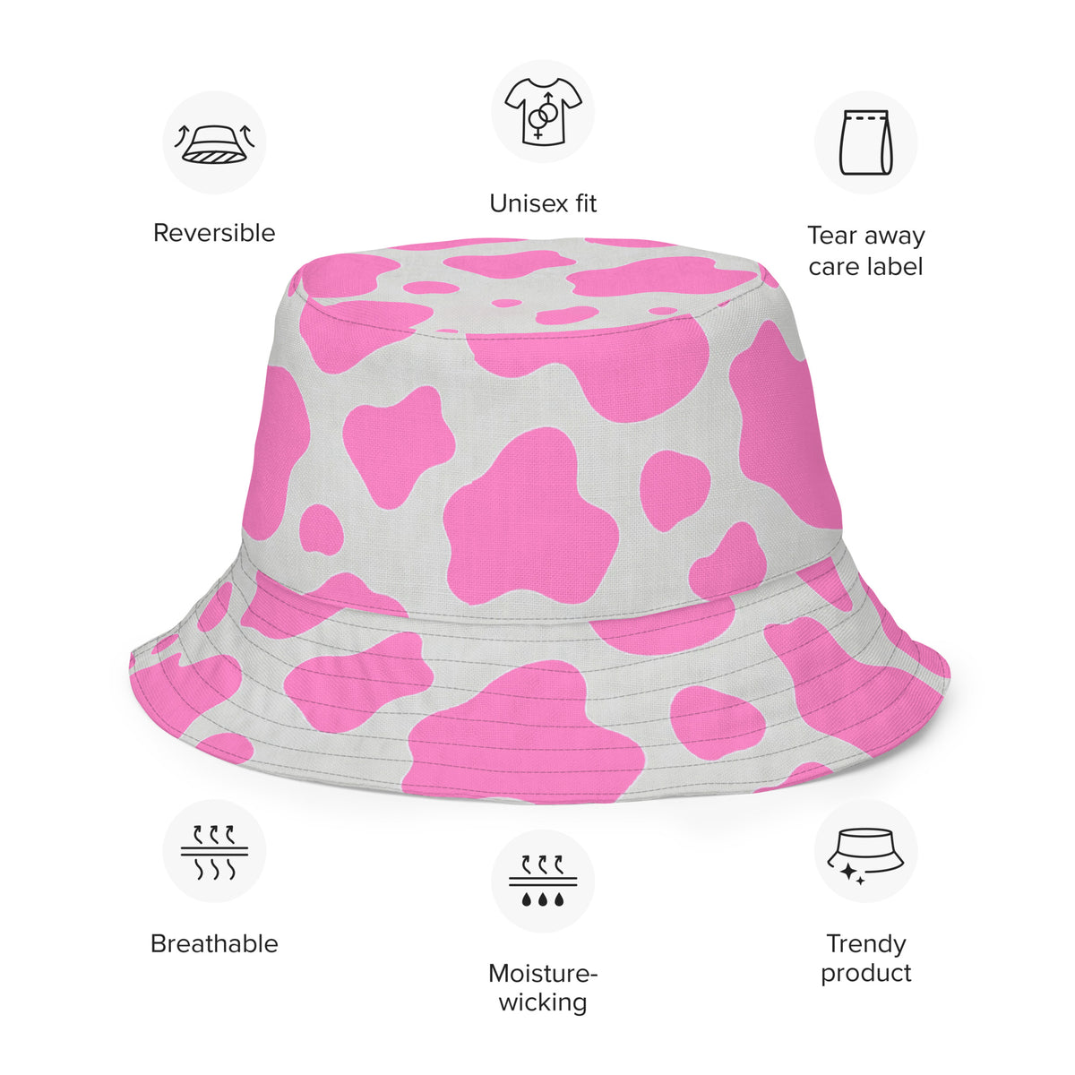 Reversible Pink Cow Print Bucket Hat - Cute Festival Headwear - All Over Print