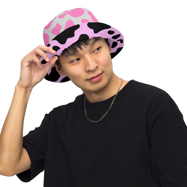 Reversible Pink Cow Print Bucket Hat - Cute Festival Headwear - All Over Print