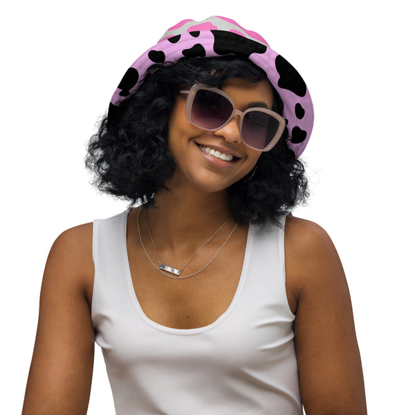 Reversible Pink Cow Print Bucket Hat - Cute Festival Headwear - All Over Print