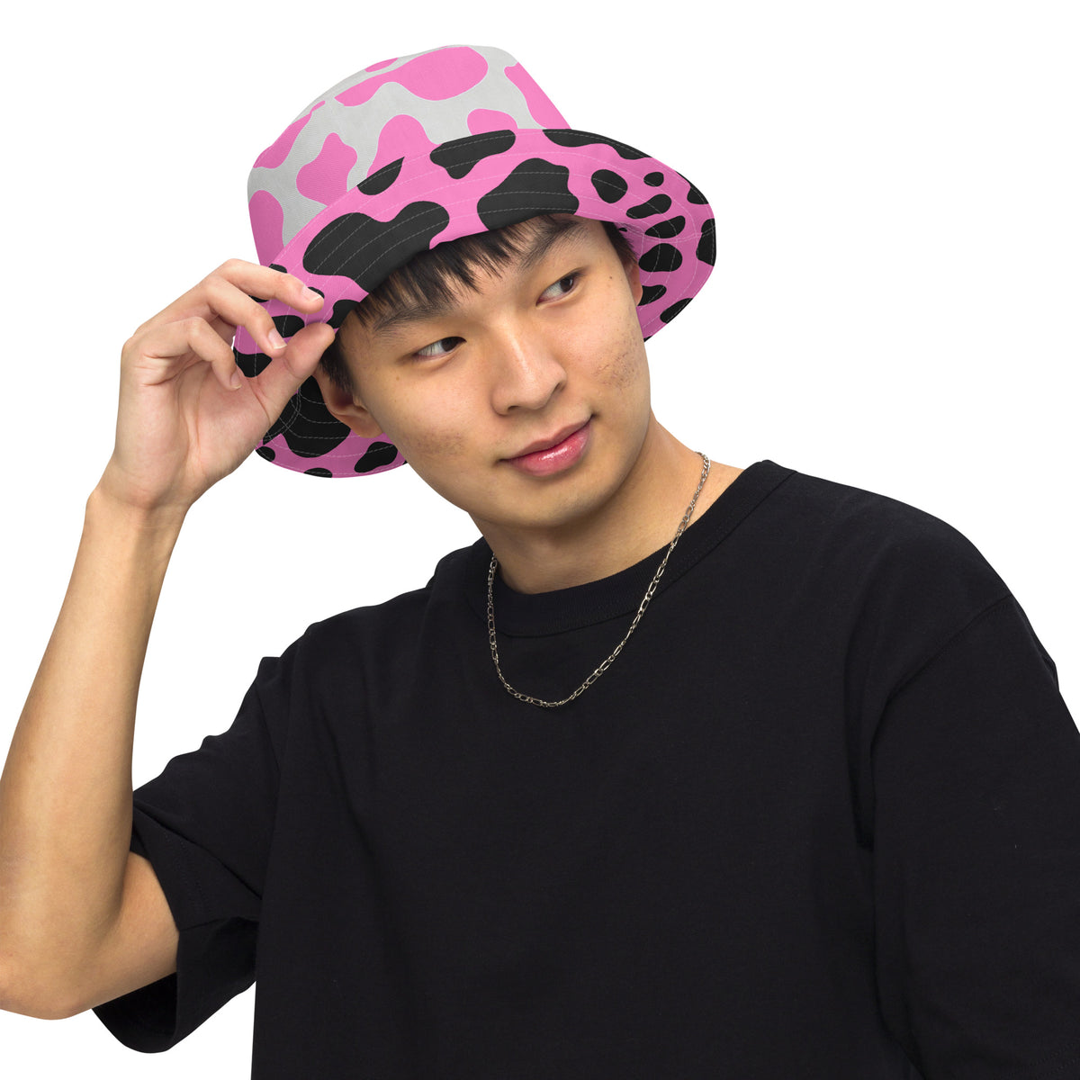 Reversible Pink Cow Print Bucket Hat - Cute Festival Headwear - All Over Print