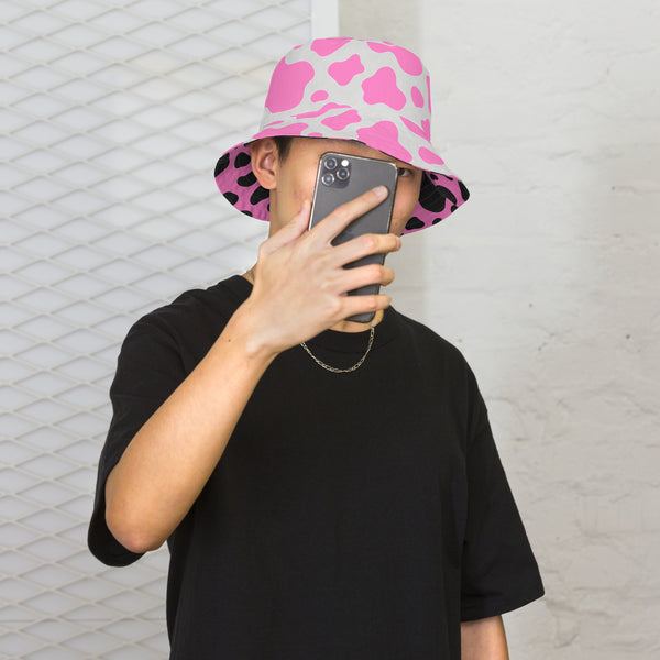 Reversible Pink Cow Print Bucket Hat - Cute Festival Headwear - All Over Print