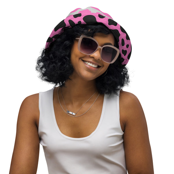 Reversible Pink Cow Print Bucket Hat - Cute Festival Headwear - All Over Print