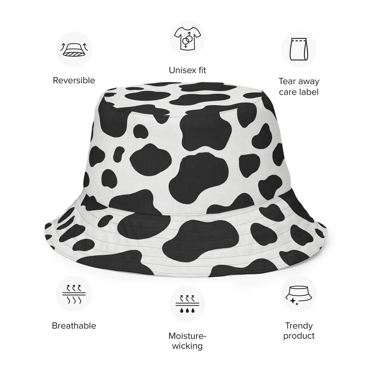Reversible Cow Print Bucket Hat - Festival Headwear - All Over Print