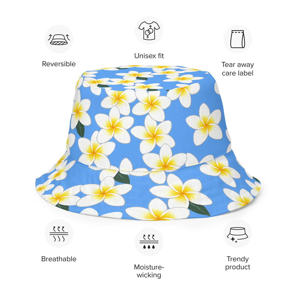 Reversible Plumeria Bucket Hat - Blue & Coral Tropical Hawaiian Sun Hat