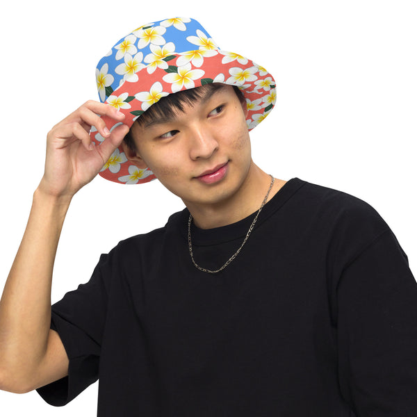 Reversible Plumeria Bucket Hat - Blue & Coral Tropical Hawaiian Sun Hat