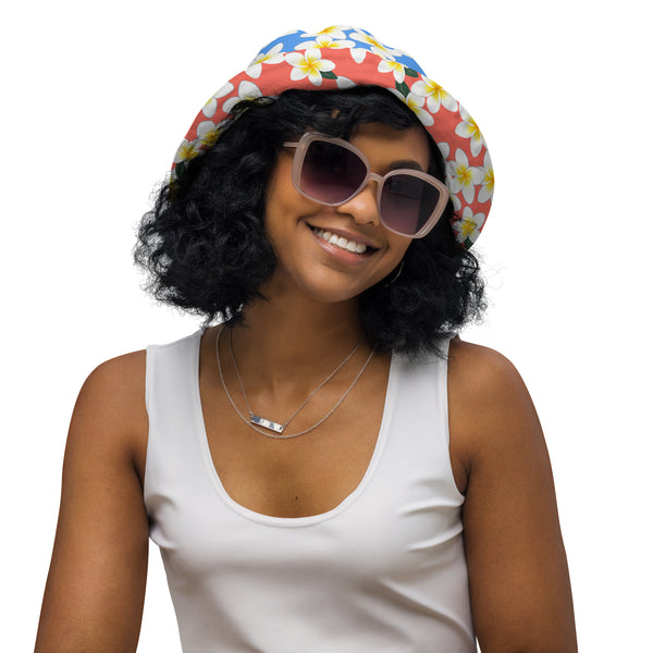 Reversible Plumeria Bucket Hat - Blue & Coral Tropical Hawaiian Sun Hat