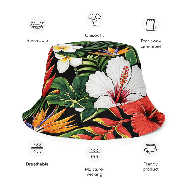 Reversible Tropical Bucket Hat - Hawaiian Hibiscus Floral Sun Hat