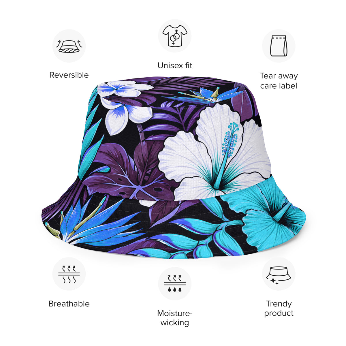 Reversible Bucket Hat - Blue Hawaiian Floral Sun Hat