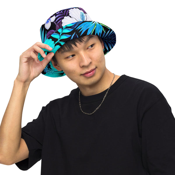 Reversible Bucket Hat - Blue Hawaiian Floral Sun Hat