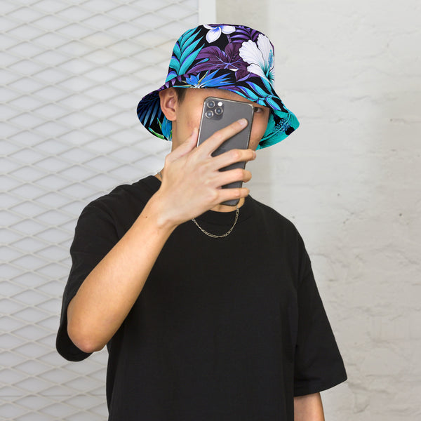 Reversible Bucket Hat - Blue Hawaiian Floral Sun Hat