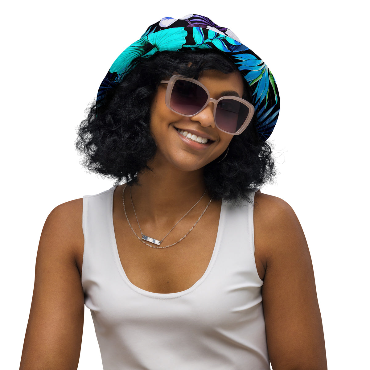 Reversible Bucket Hat - Blue Hawaiian Floral Sun Hat