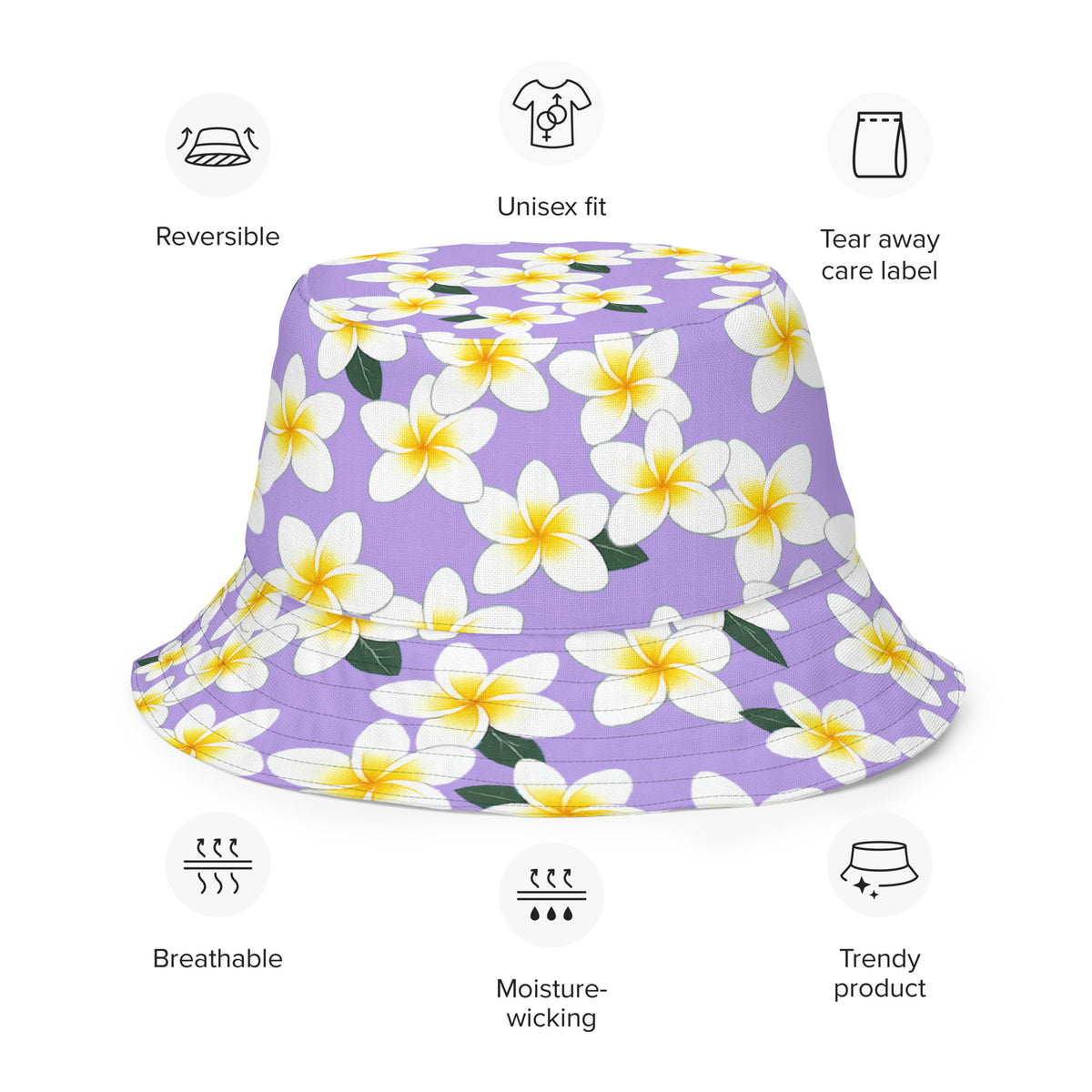 Reversible Plumeria Flower Bucket Hat - Purple & Yellow Hawaiian Sun Hat