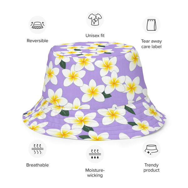Reversible Plumeria Flower Bucket Hat - Purple & Yellow Hawaiian Sun Hat