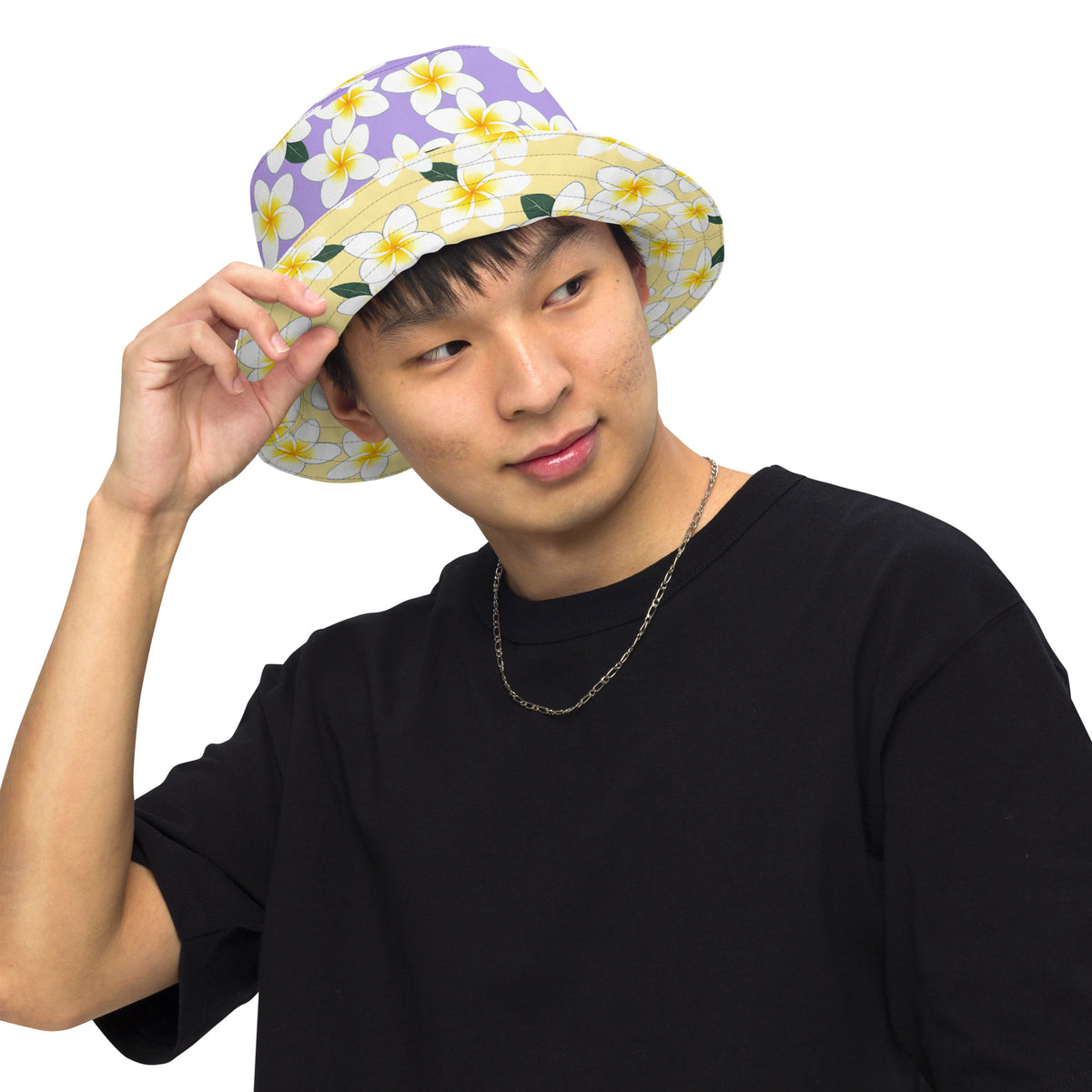Reversible Plumeria Flower Bucket Hat - Purple & Yellow Hawaiian Sun Hat