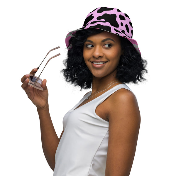 Reversible Pink Cow Print Bucket Hat - Cute Festival Headwear - All Over Print