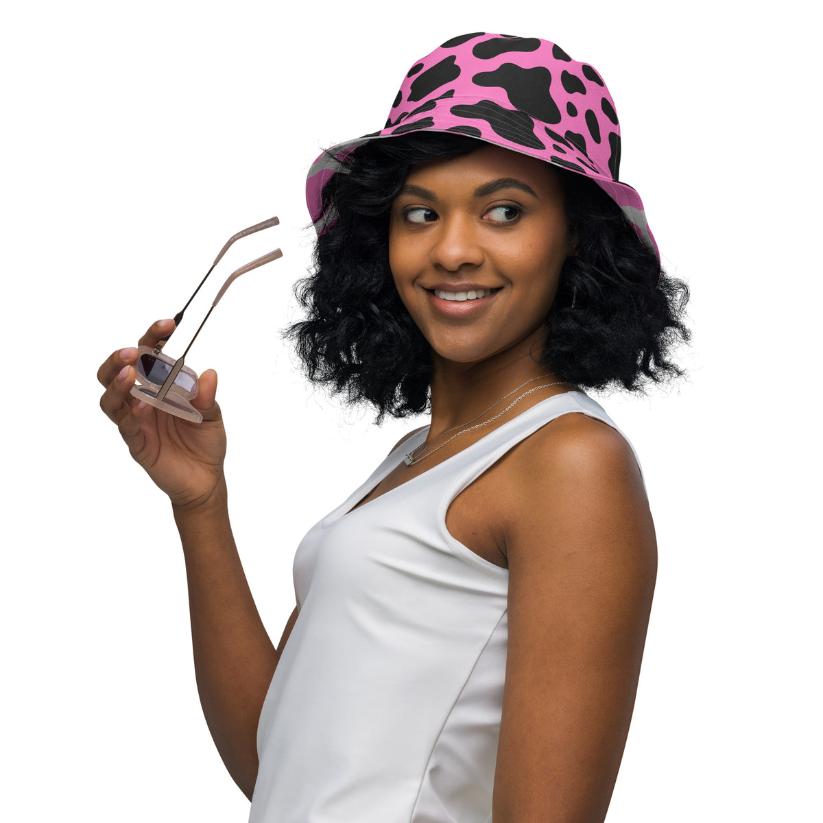 Reversible Pink Cow Print Bucket Hat - Cute Festival Headwear - All Over Print