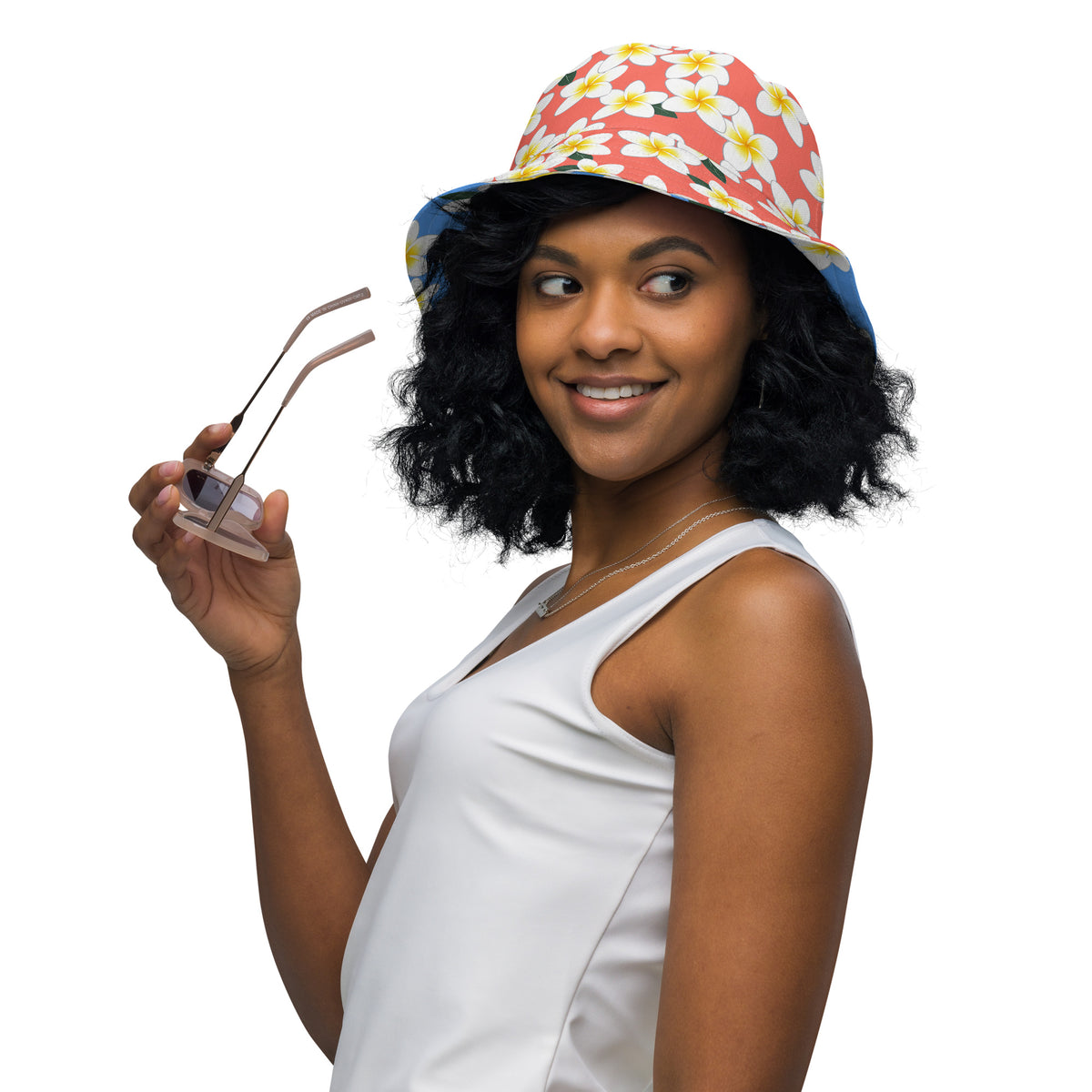 Reversible Plumeria Bucket Hat - Blue & Coral Tropical Hawaiian Sun Hat
