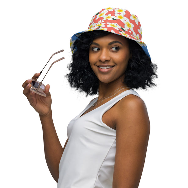 Reversible Plumeria Bucket Hat - Blue & Coral Tropical Hawaiian Sun Hat