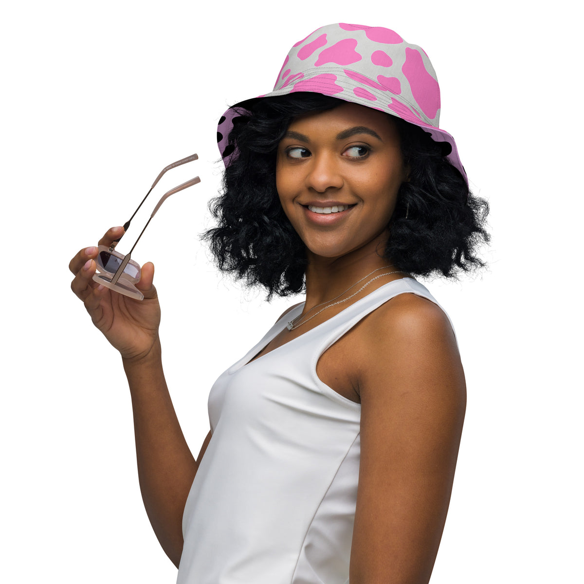 Reversible Pink Cow Print Bucket Hat - Cute Festival Headwear - All Over Print