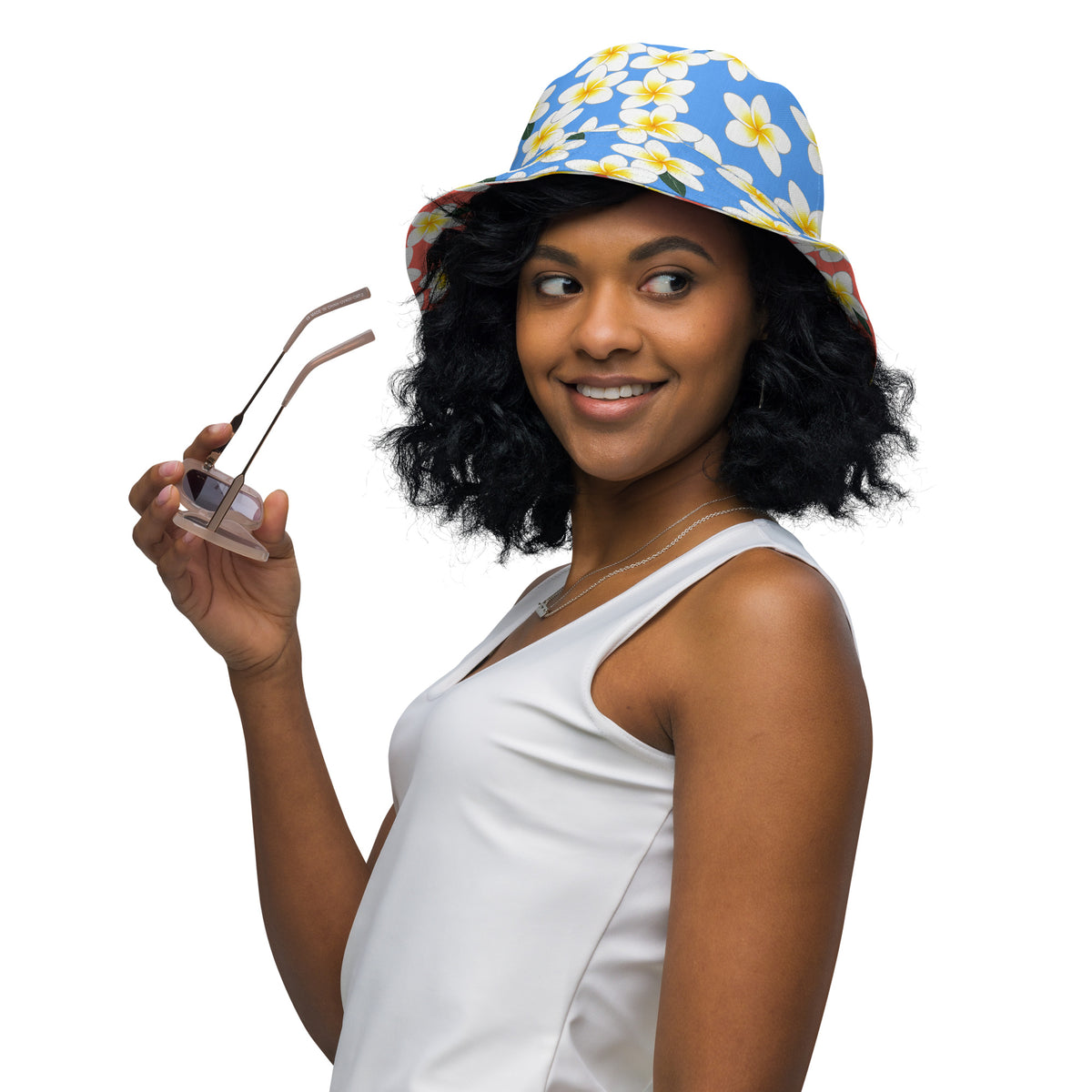 Reversible Plumeria Bucket Hat - Blue & Coral Tropical Hawaiian Sun Hat
