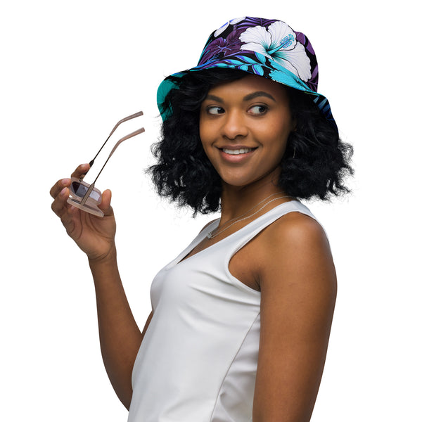 Reversible Bucket Hat - Blue Hawaiian Floral Sun Hat