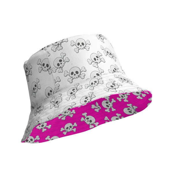 Reversible Pink Skull and Crossbones Bucket Hat - Punk Festival Headwear - All Over Print