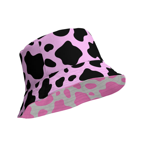 Reversible Pink Cow Print Bucket Hat - Cute Festival Headwear - All Over Print