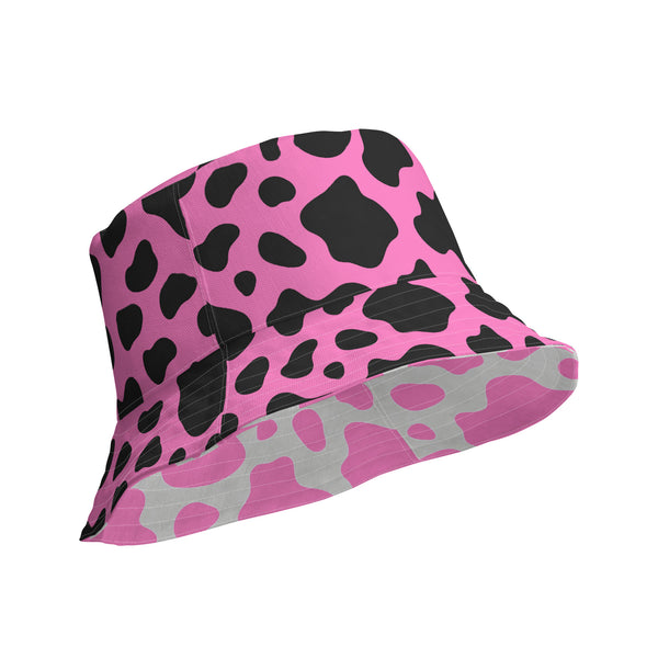 Reversible Pink Cow Print Bucket Hat - Cute Festival Headwear - All Over Print