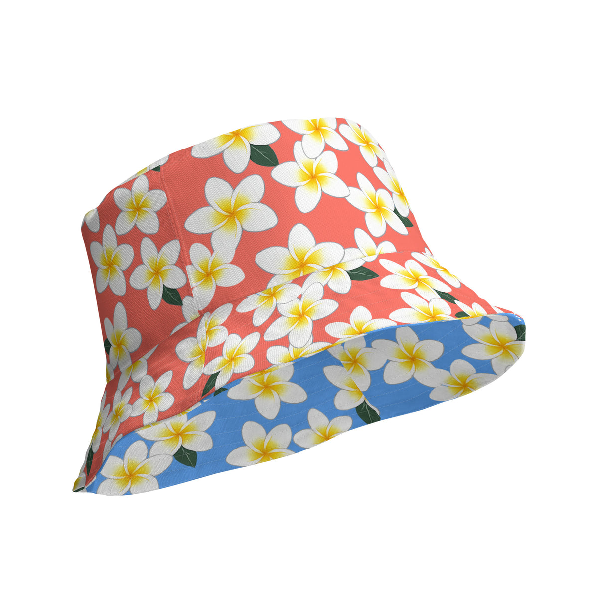 Reversible Plumeria Bucket Hat - Blue & Coral Tropical Hawaiian Sun Hat
