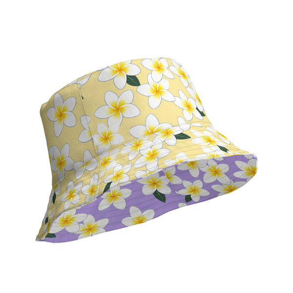 Reversible Plumeria Flower Bucket Hat - Purple & Yellow Hawaiian Sun Hat