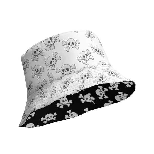 Skull and Crossbones Reversible Bucket Hat - Black and White All Over Print Hat - Gothic Festival Hat - Skull Pattern