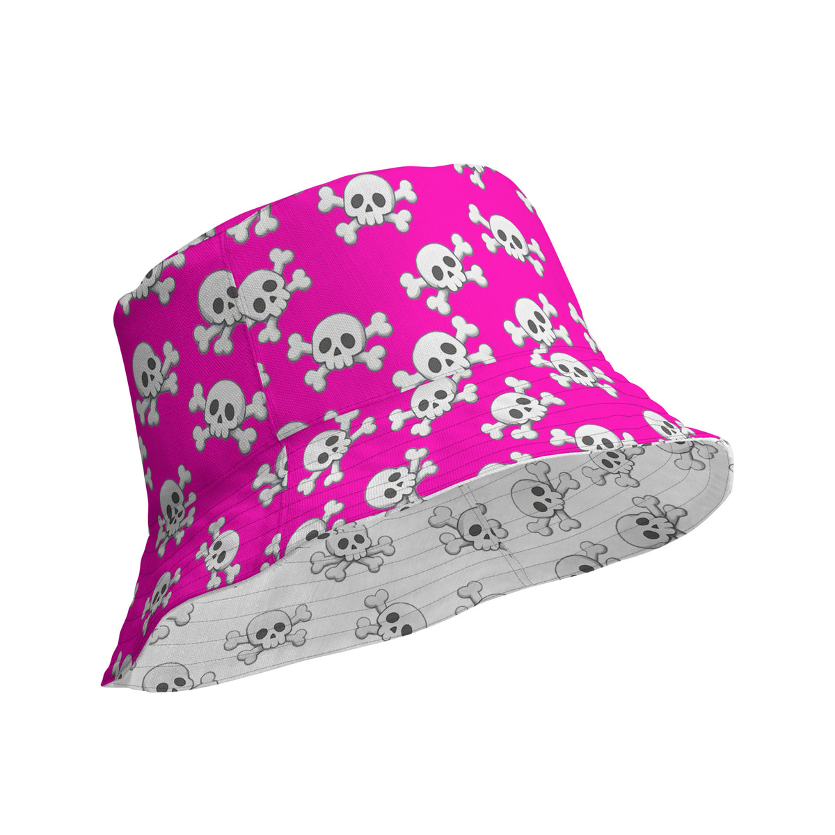 Reversible Pink Skull and Crossbones Bucket Hat - Punk Festival Headwear - All Over Print
