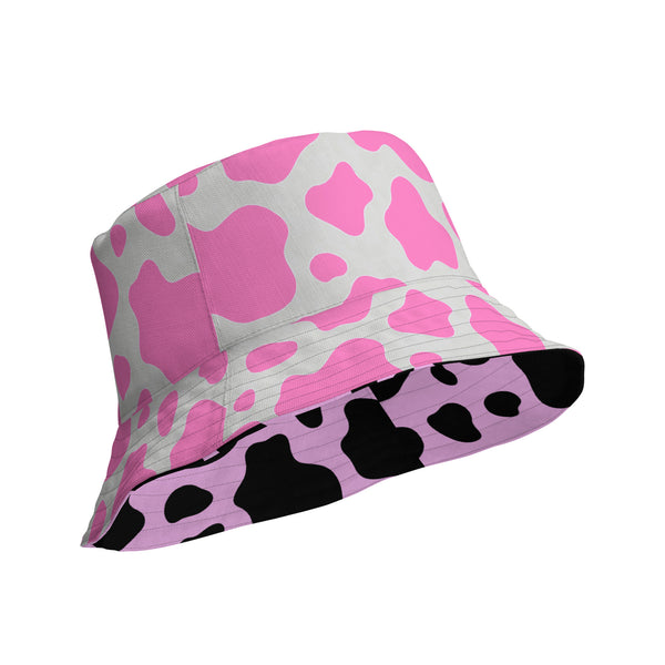 Reversible Pink Cow Print Bucket Hat - Cute Festival Headwear - All Over Print