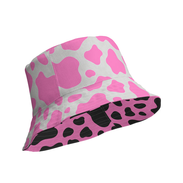 Reversible Pink Cow Print Bucket Hat - Cute Festival Headwear - All Over Print