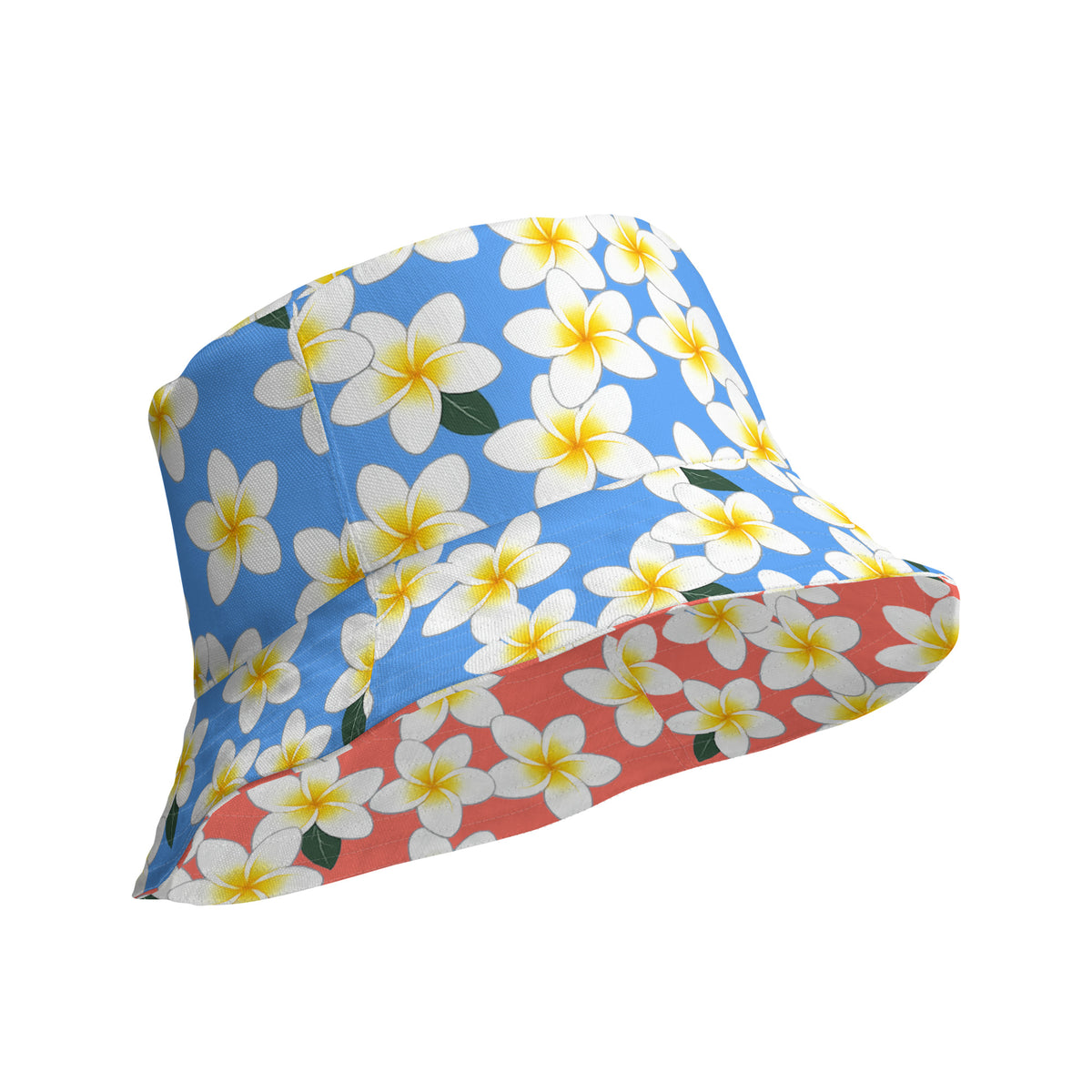 Reversible Plumeria Bucket Hat - Blue & Coral Tropical Hawaiian Sun Hat