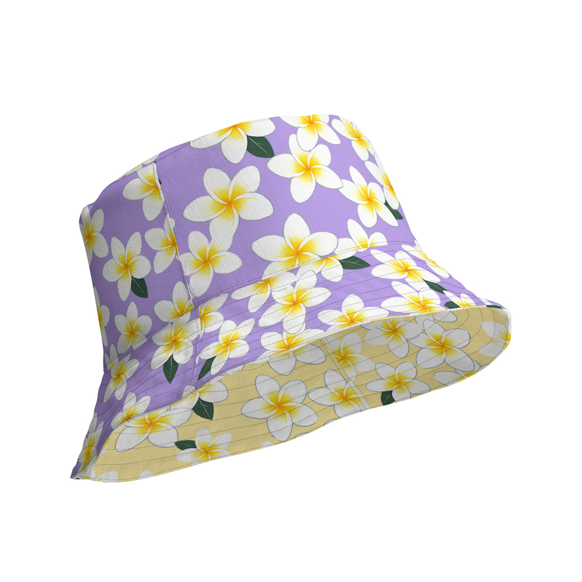 Reversible Plumeria Flower Bucket Hat - Purple & Yellow Hawaiian Sun Hat