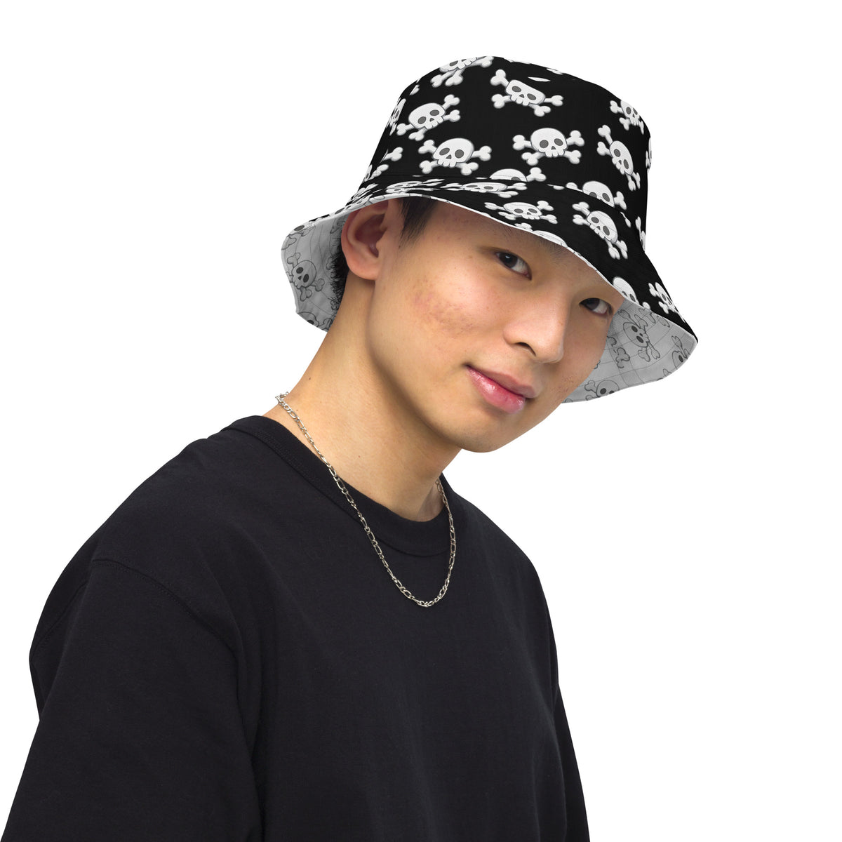 Skull and Crossbones Reversible Bucket Hat - Black and White All Over Print Hat - Gothic Festival Hat - Skull Pattern
