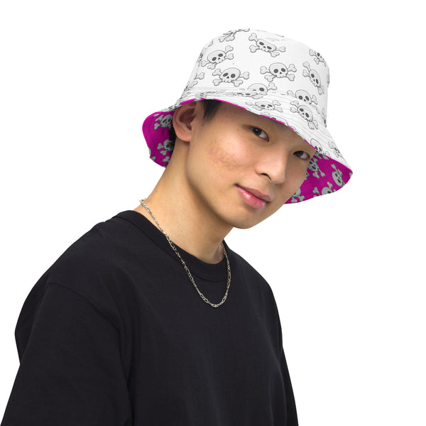 Reversible Pink Skull and Crossbones Bucket Hat - Punk Festival Headwear - All Over Print