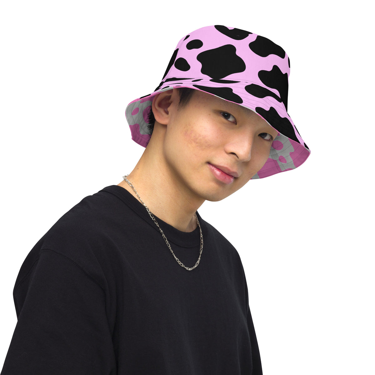 Reversible Pink Cow Print Bucket Hat - Cute Festival Headwear - All Over Print