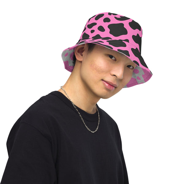 Reversible Pink Cow Print Bucket Hat - Cute Festival Headwear - All Over Print