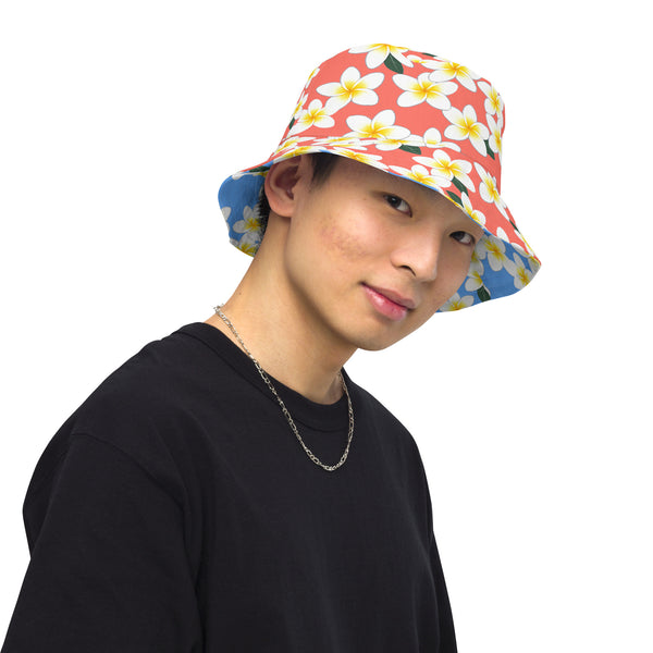 Reversible Plumeria Bucket Hat - Blue & Coral Tropical Hawaiian Sun Hat