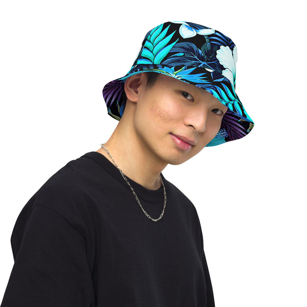 Reversible Bucket Hat - Blue Hawaiian Floral Sun Hat
