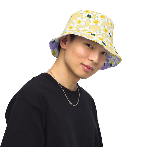 Reversible Plumeria Flower Bucket Hat - Purple & Yellow Hawaiian Sun Hat