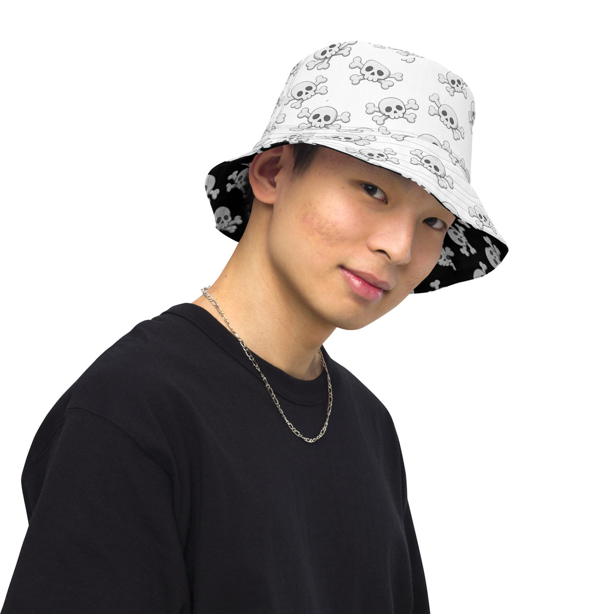 Skull and Crossbones Reversible Bucket Hat - Black and White All Over Print Hat - Gothic Festival Hat - Skull Pattern